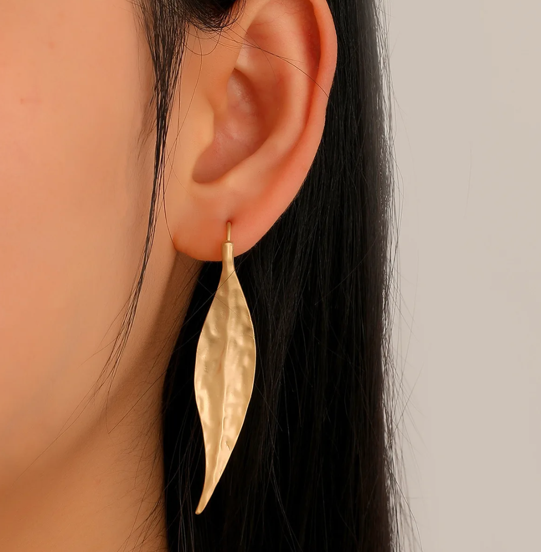 Long 18 Karat Gold Plated leaf earrings for evening dress