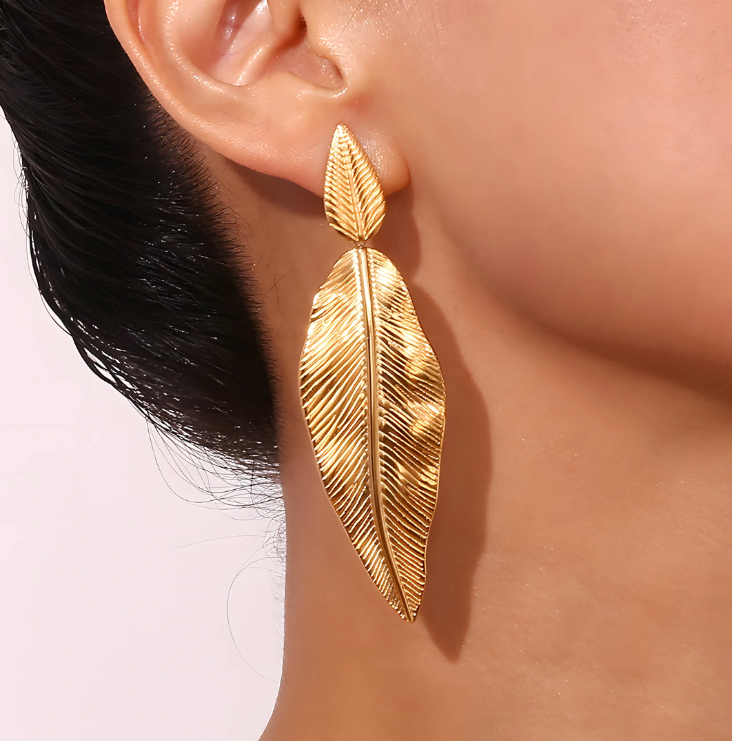 18 Karat Gold Plated Tropical Long Leaf Earrings