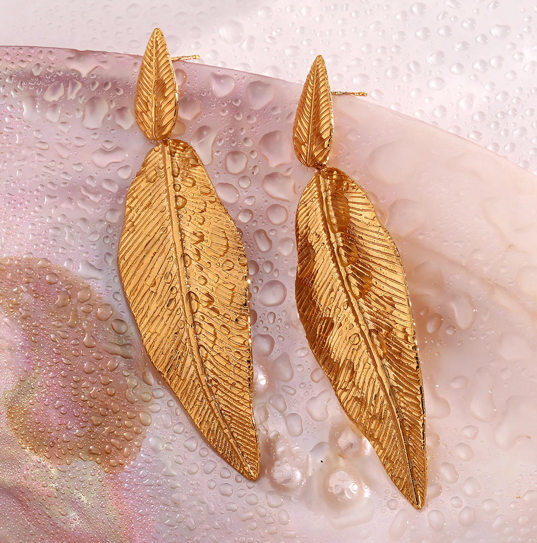 18 Karat Gold Plated Tropical Long Leaf Earrings