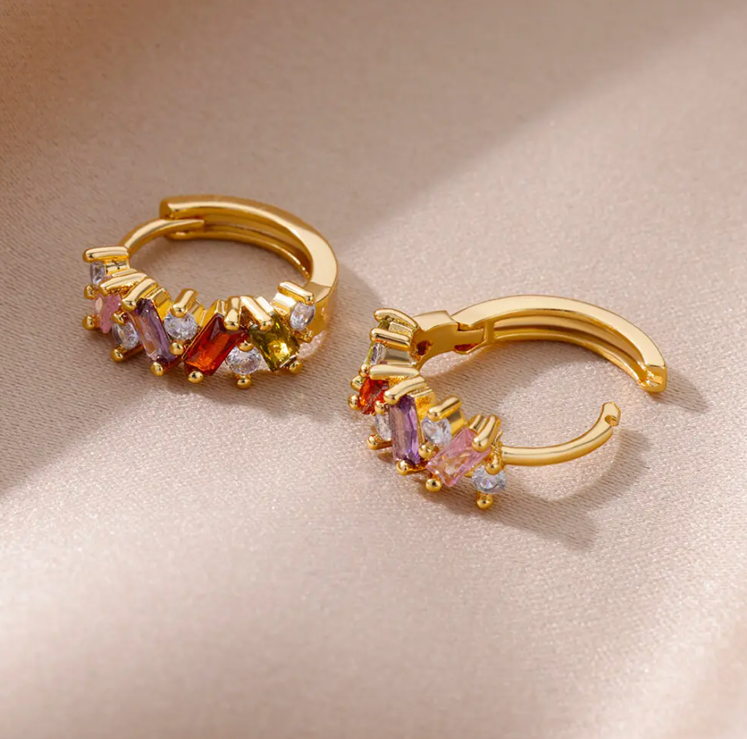 18 Karat multicoloured Gold Plated hoop earrings with space crystals