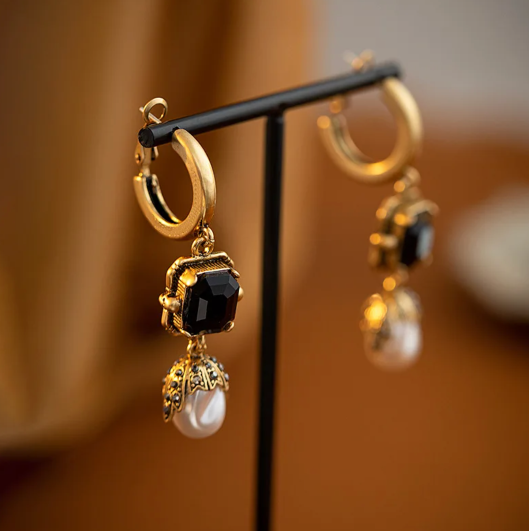 Long 18 Karat Gold Plated hoop earrings with pearl and black crystal