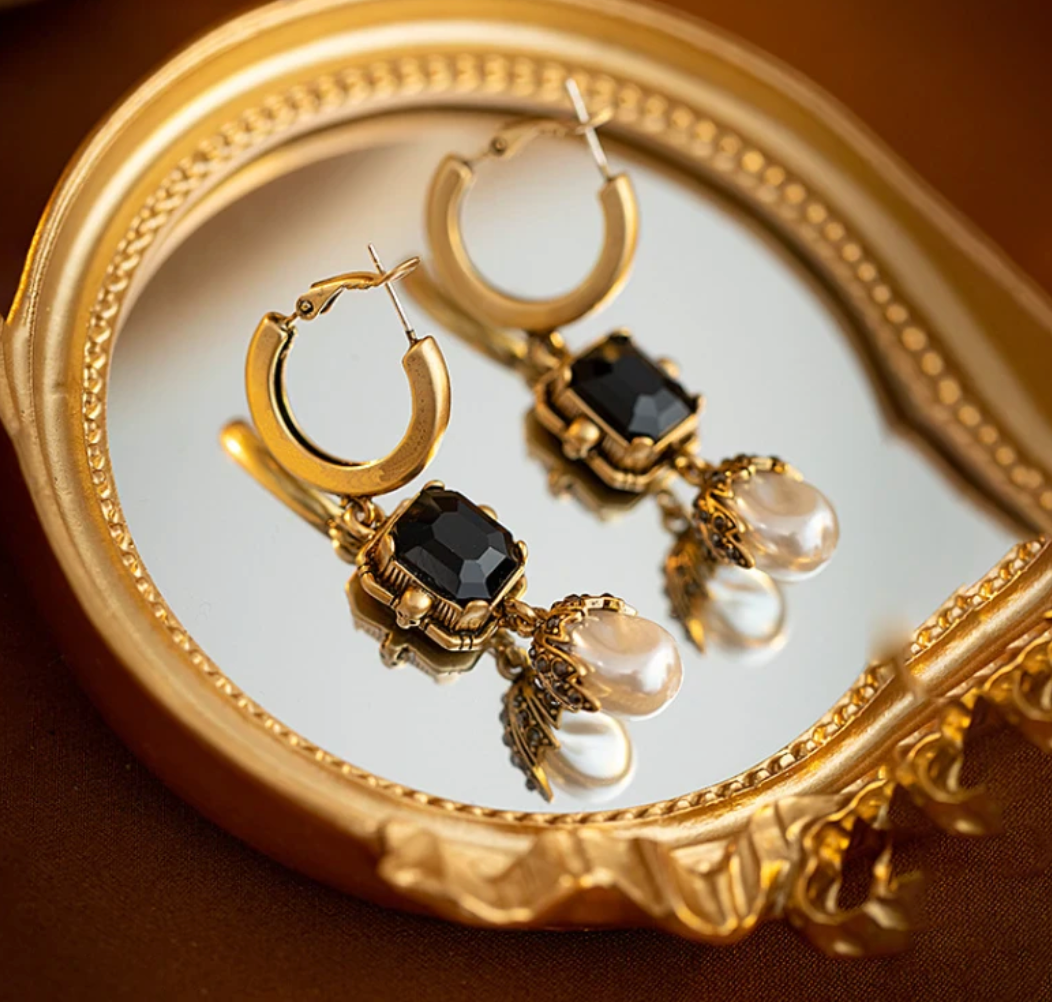 Long 18 Karat Gold Plated hoop earrings with pearl and black crystal