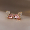 18 Karat Gold Plated heart button earrings - half pink crystal and half cubic zirconia