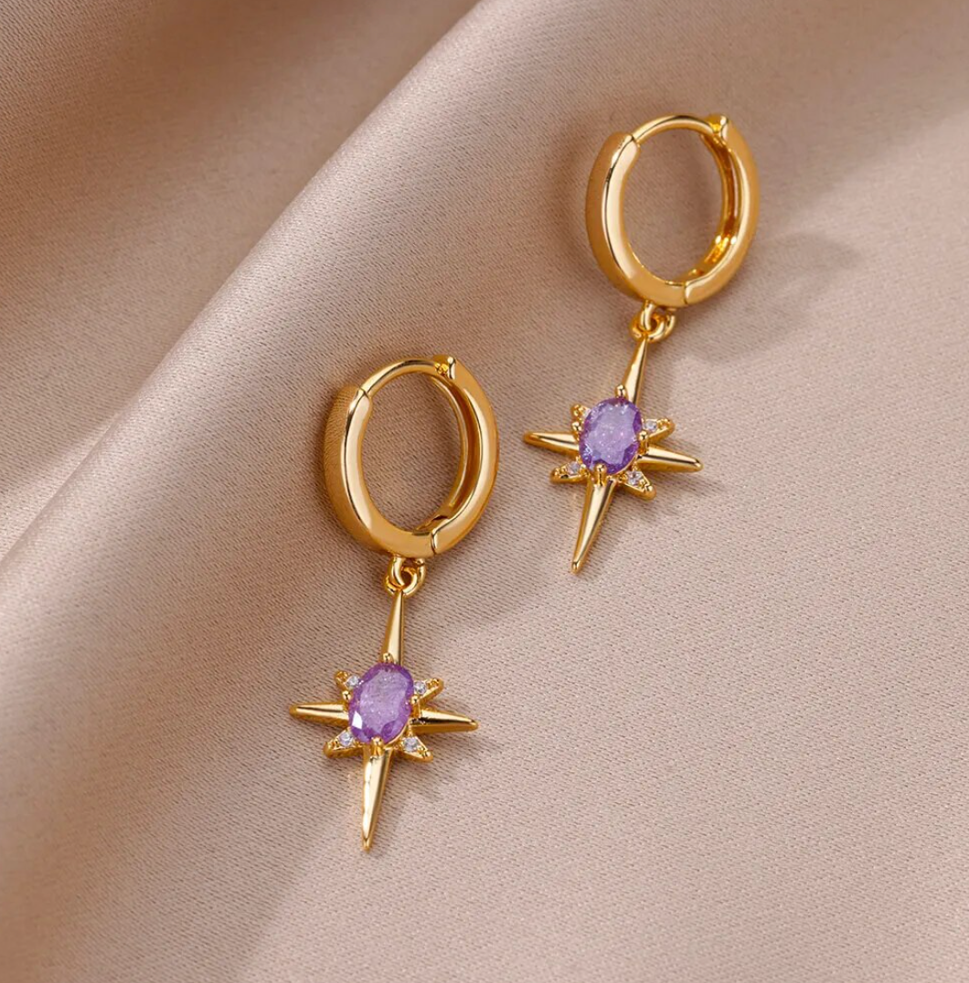 18 Karat Gold Plated hoop earrings with amethyst polar star pendants