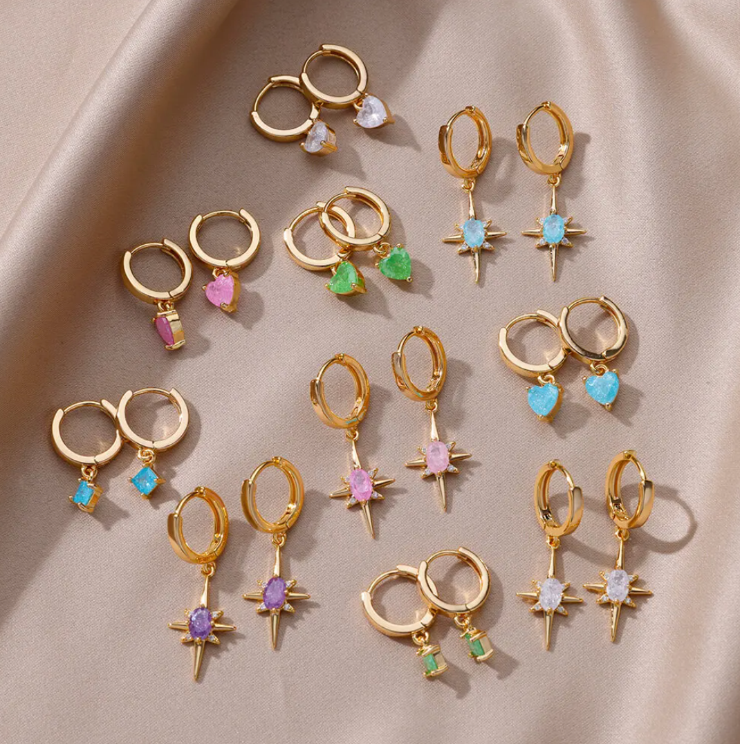 18 Karat Gold Plated hoop earrings with amethyst polar star pendants