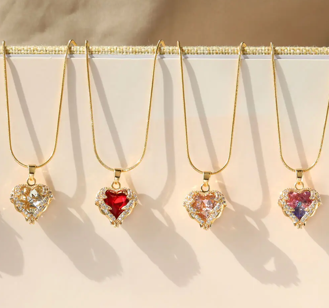 18 Karat Gold Plated necklace with red heart and rhinestones