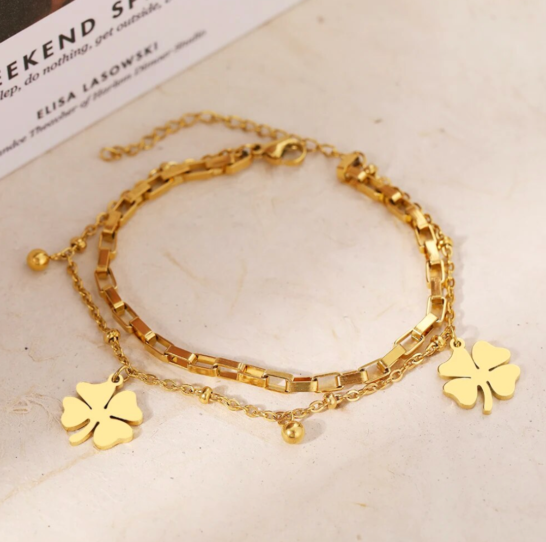 Double 18 Karat Gold Plated bracelet with lucky clovers