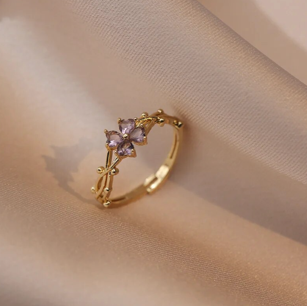 18K Gold plated Adjustable daisy ring with amethyst zircons