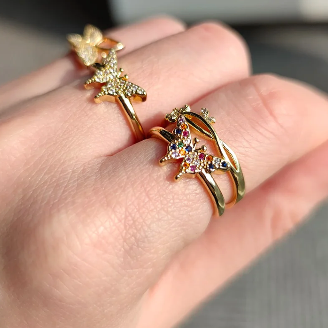 Adjustable butterfly ring with 18K gold plated multicolored zircons