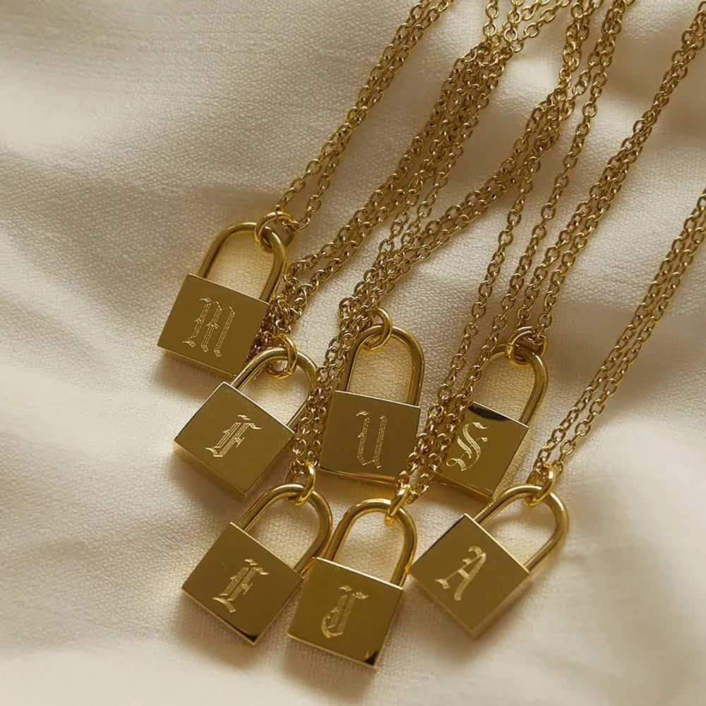 18K Gold Plated Padlock Initials Modern Necklace