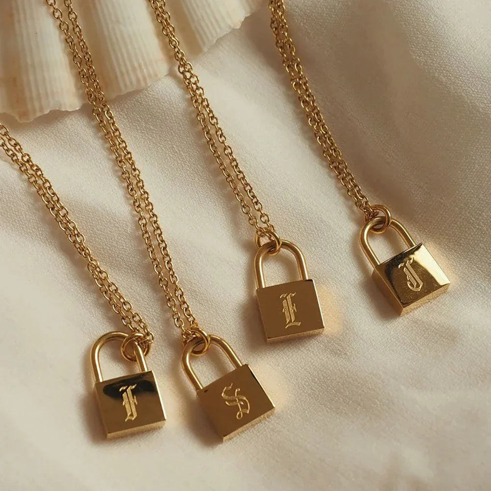 18K Gold Plated Padlock Initials Modern Necklace