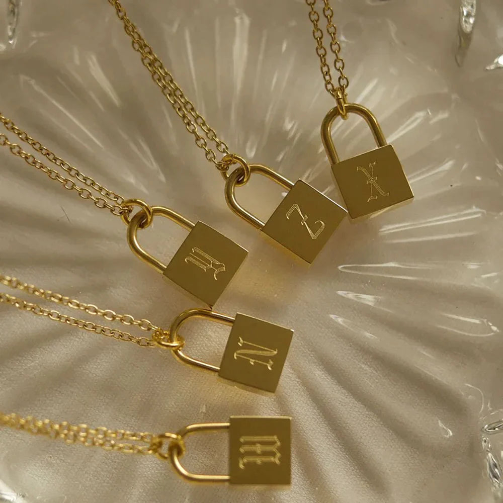 18K Gold Plated Padlock Initials Modern Necklace