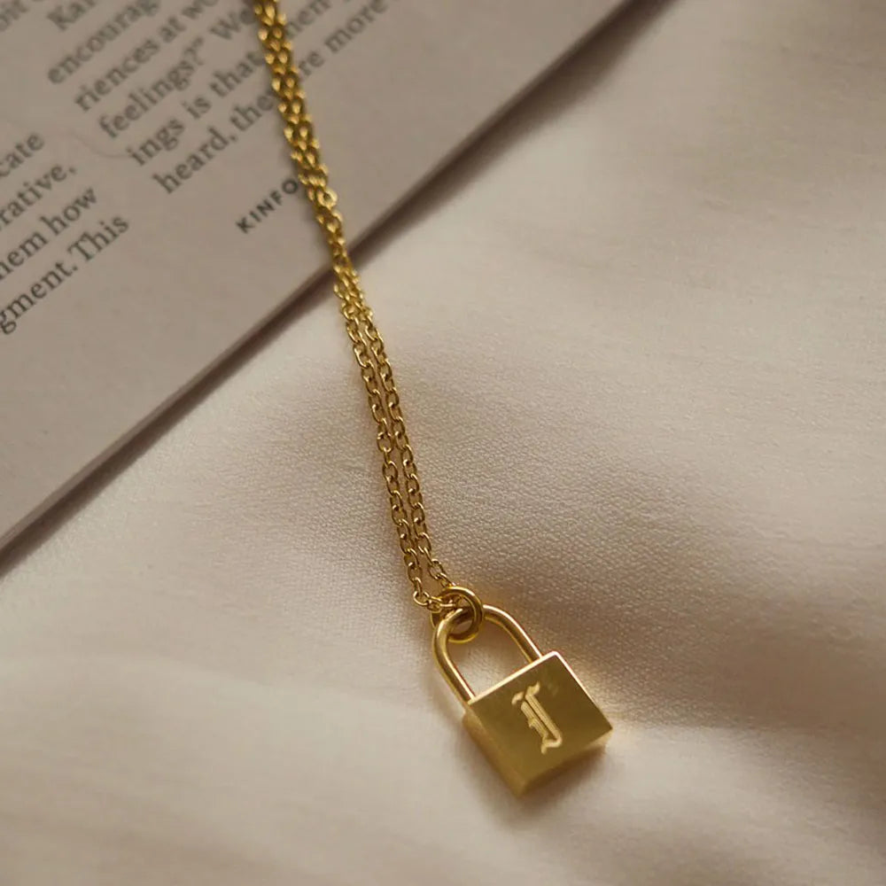 18K Gold Plated Padlock Initials Modern Necklace