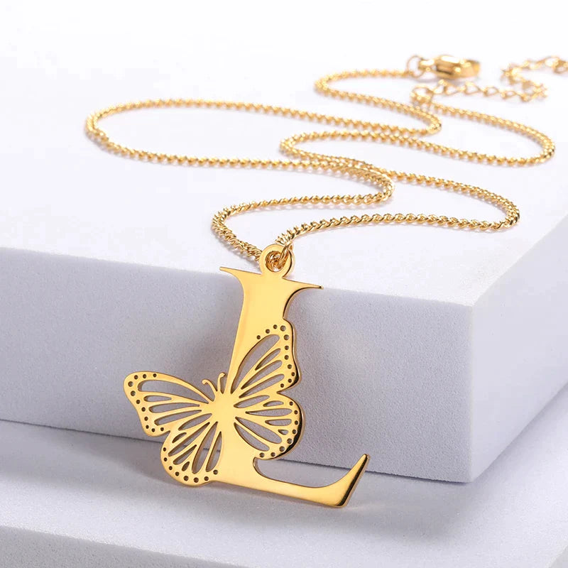 18K Gold Plated Initial Necklace with Pretty Butterfly