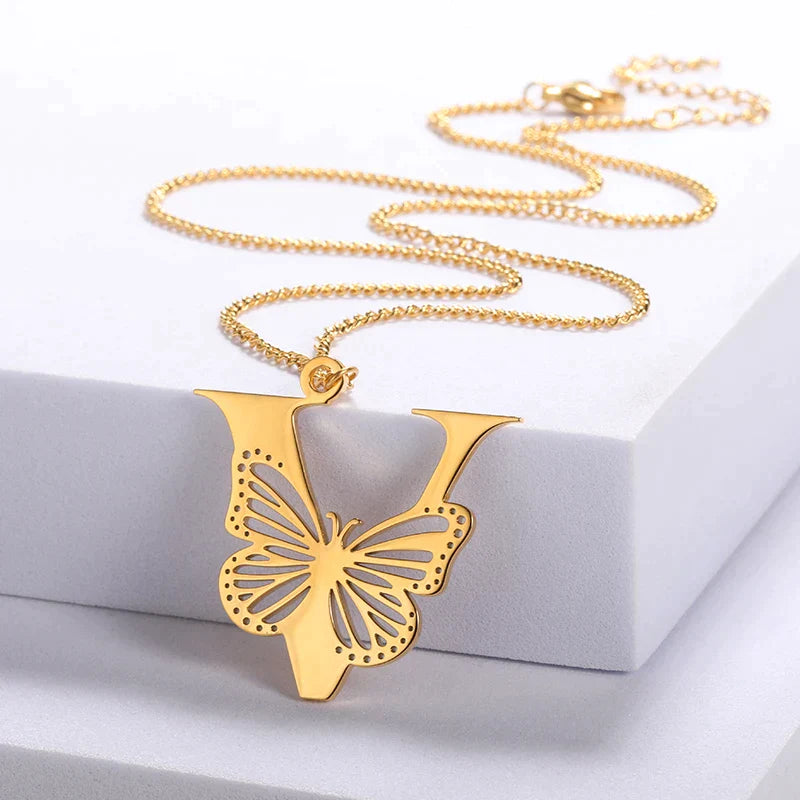 18K Gold Plated Initial Necklace with Elegant Butterfly