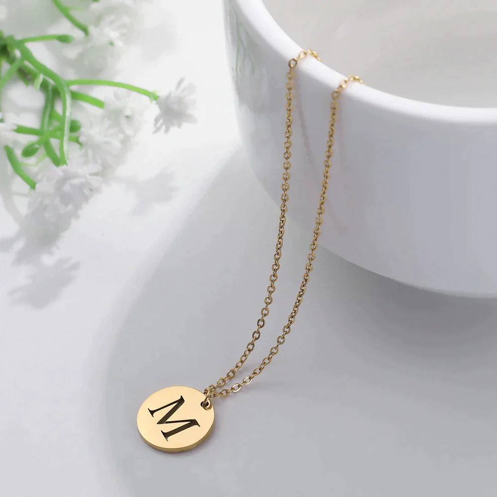 18K Gold Plated Initials engraved in Circle Minimalist Necklace