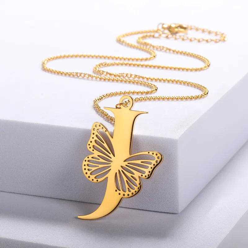 18K Gold Plated Initial Necklace with Butterfly