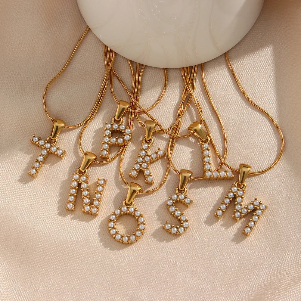 Tiny Natural Pearls Initial Necklace in 18K Gold Plating